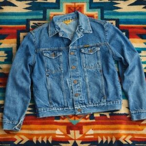 VTG Rustler Denim Jacket USA Trucker Rancher Biker Western Blue Jean Coat Sz L